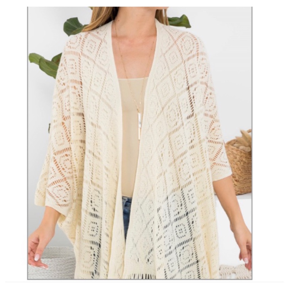 Bohemian Chic Crochet Fringe Swim Coverup Kimono Wrap Robe Sweater Sleeves OSFM - Picture 7 of 7